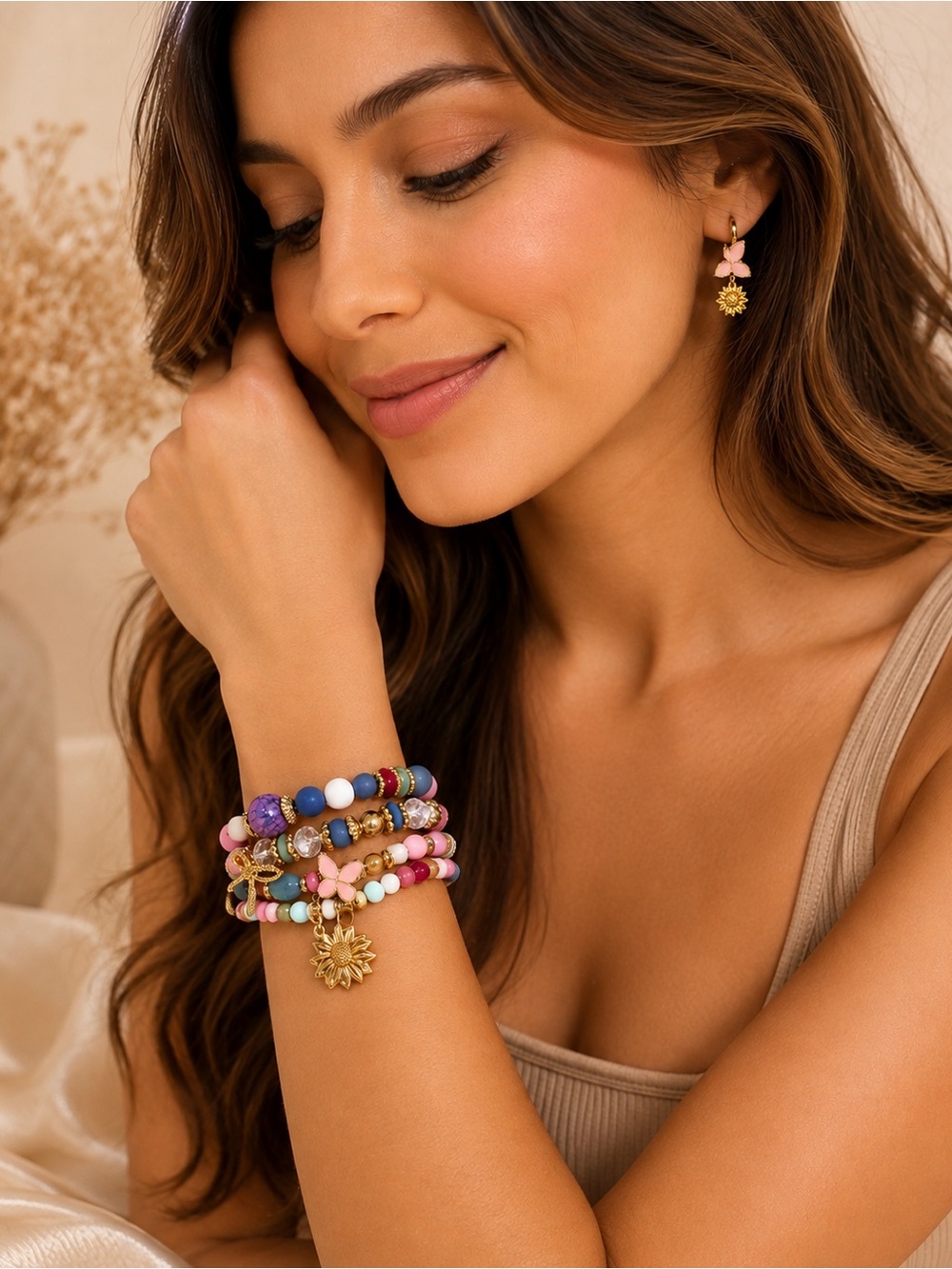 Gold Sun Charm Multicolor Beaded Bracelet Stack - Women Jewelry